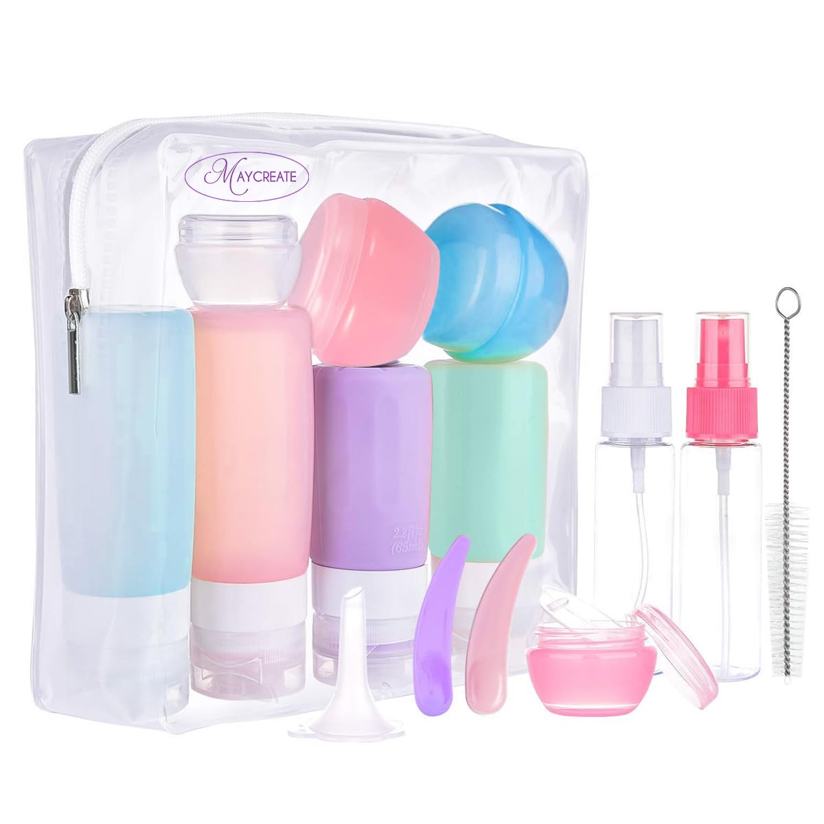 MAYCREATE Set of 14 Travel Bottles for Toiletries, Leak Proof Silicone Squeezable Container Spray Bottle for Shampoo, Gel, Cream Jars, Lotion Dispenser -with Applicator, Funnel, Clean Brush Set MAYCREATE Set of 14 Travel Bottles for Toiletries, Leak Proof Silicone Squeezable Container Spray Bottle for Shampoo, Gel, Cream Jars, Lotion Dispenser -with Applicator, Funnel, Clean Brush Set